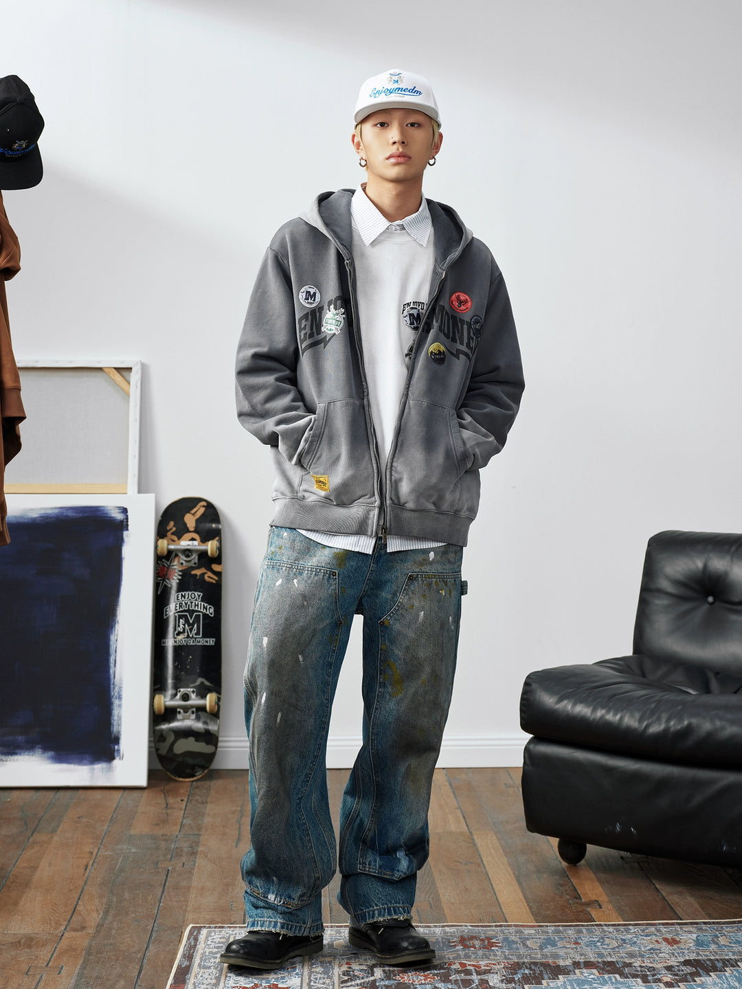 MEDM Gradient Washed Logo Print Embroidered Patch Zip-Up Hoodie | Face 3 Face