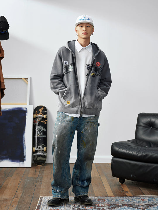 MEDM Gradient Washed Logo Print Embroidered Patch Zip-Up Hoodie | Face 3 Face