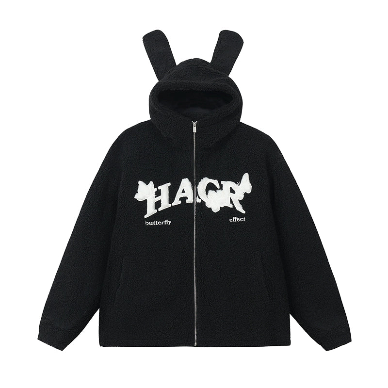 Harsh and Cruel Ears Hooded Butterfly Floral Patch Embroidered Sherpa Jacket | Face 3 Face