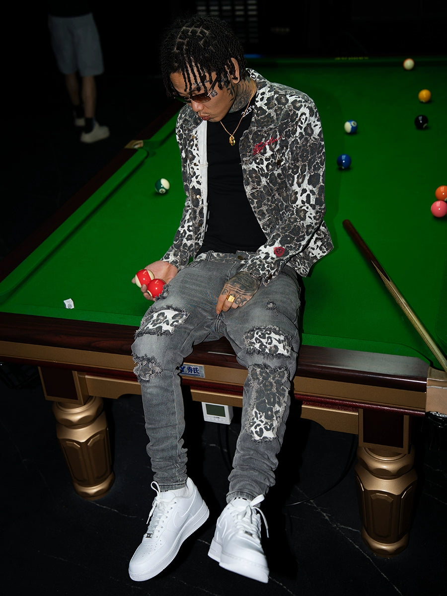TGFCLUB Leopard Patch Washed Distressed Slim Fit Jeans | Face 3 Face
