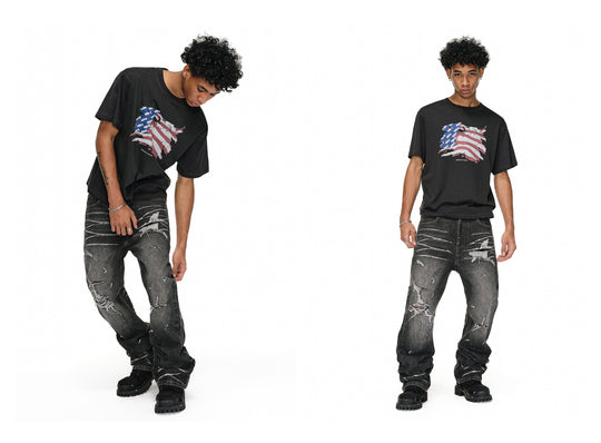 ANTIDOTE Irregular Torn Hole Washed Flared Jeans | Face 3 Face