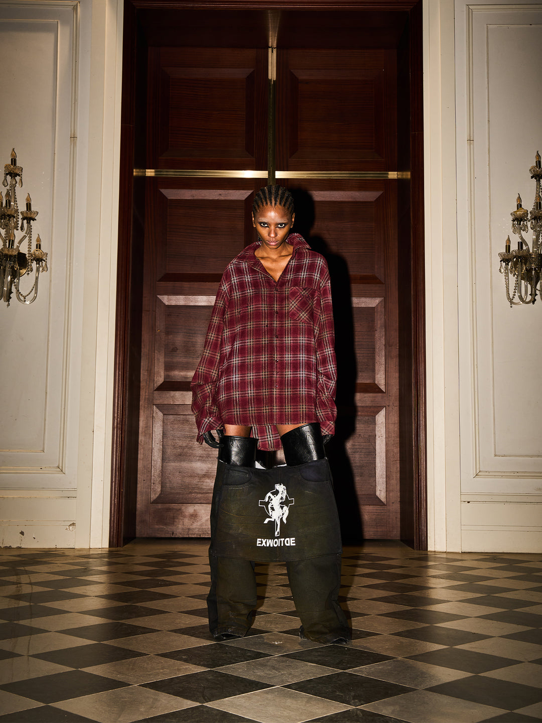 BLIND NO PLAN Washed Aged Cross Horse Patch Plaid Long Sleeve Shirt | Face 3 Face