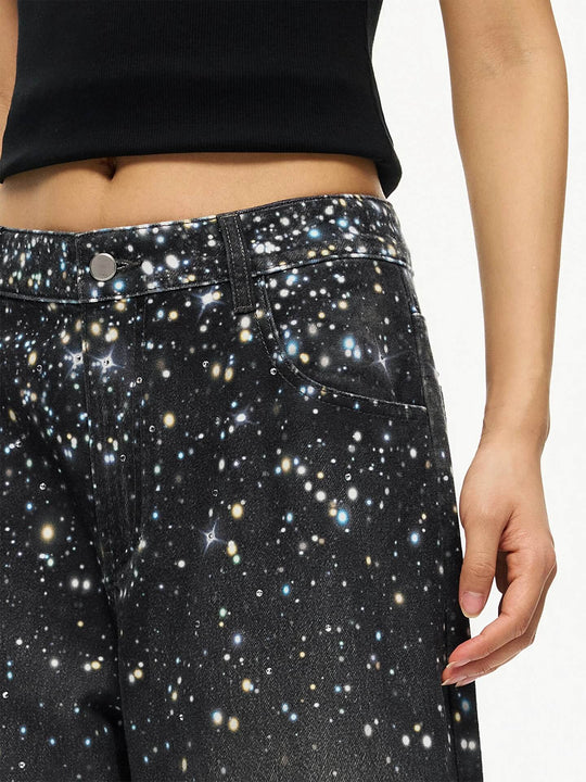 1807 Starry Universe Print Rhinestone Accent Jeans | Face 3 Face