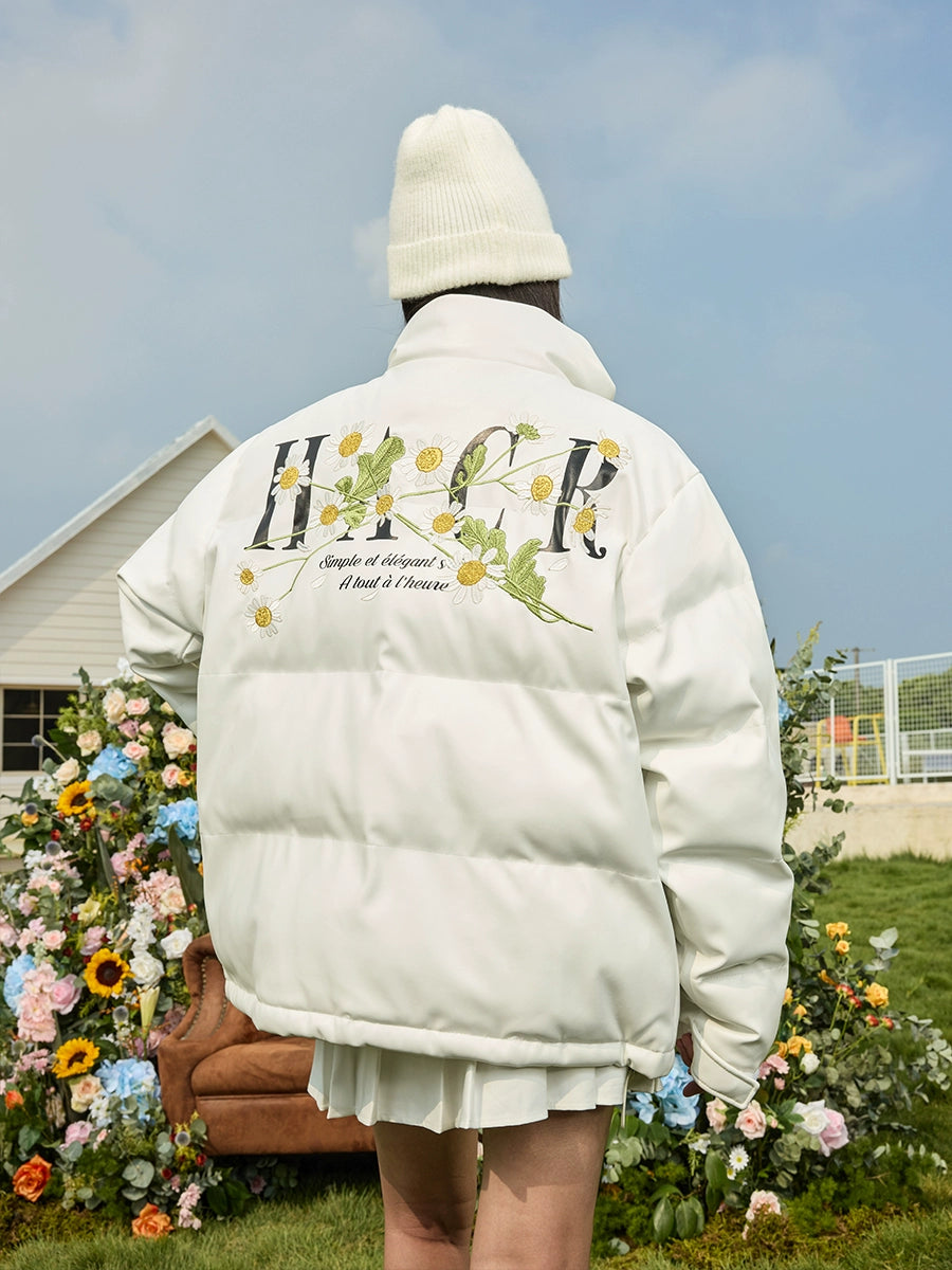 Harsh and Cruel Daisy Embroidery PU Padded Jacket | Face 3 Face