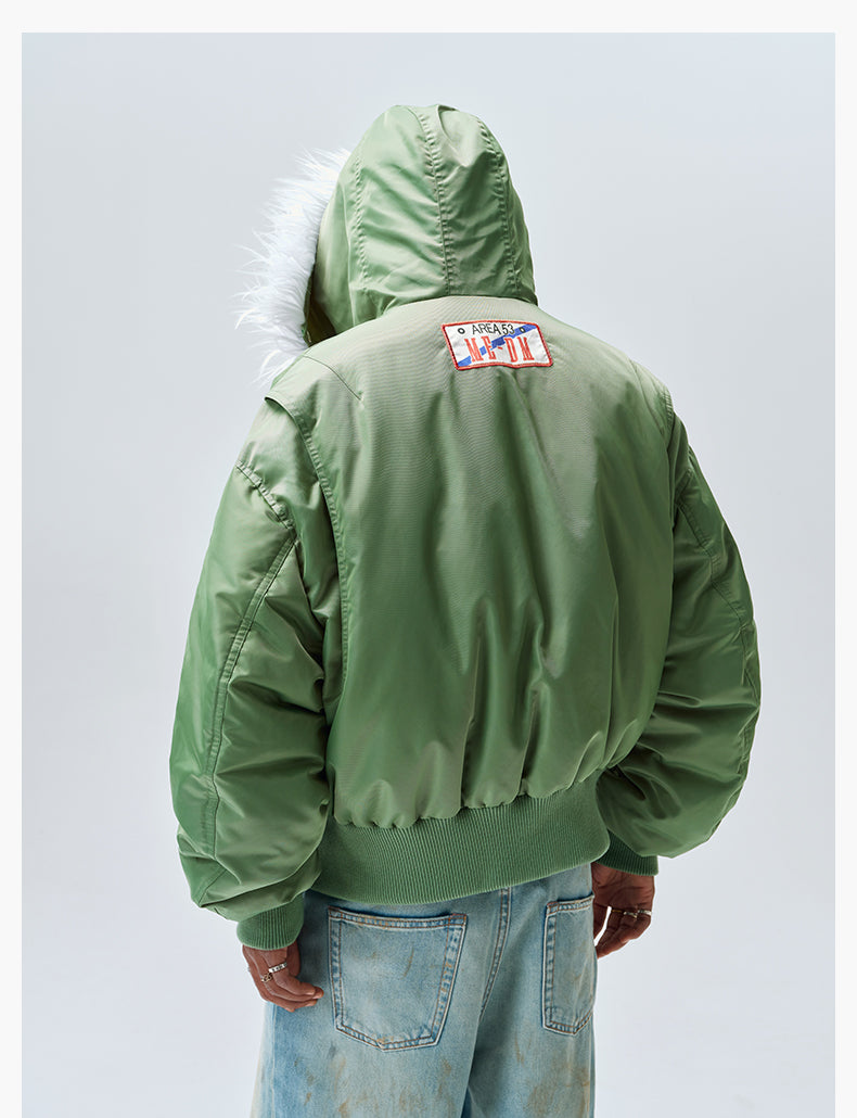 MEDM License Plate Patch Fur-Hooded MA-1 Bomber Jacket | Face 3 Face