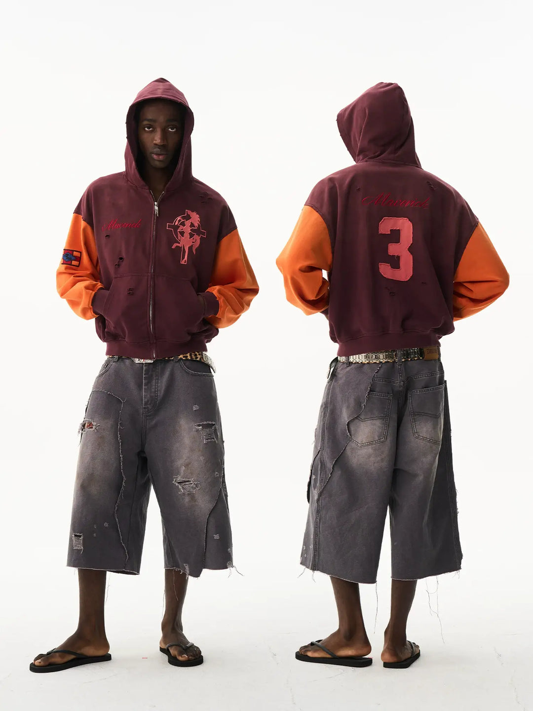 EXITMODE BY BLIND NO PLAN Color Block Washed Distressed Oversized Zip Up Hoodie | Face 3 Face