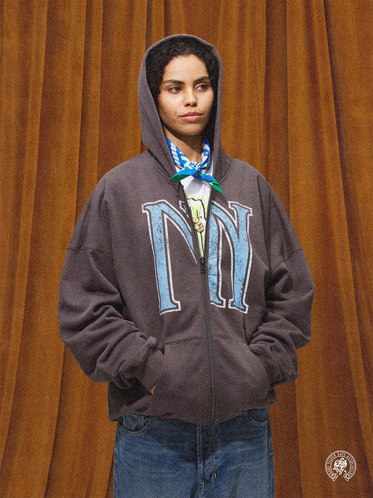 MHARF Gray Vintage Print Zip-Up Hoodie | Face 3 Face