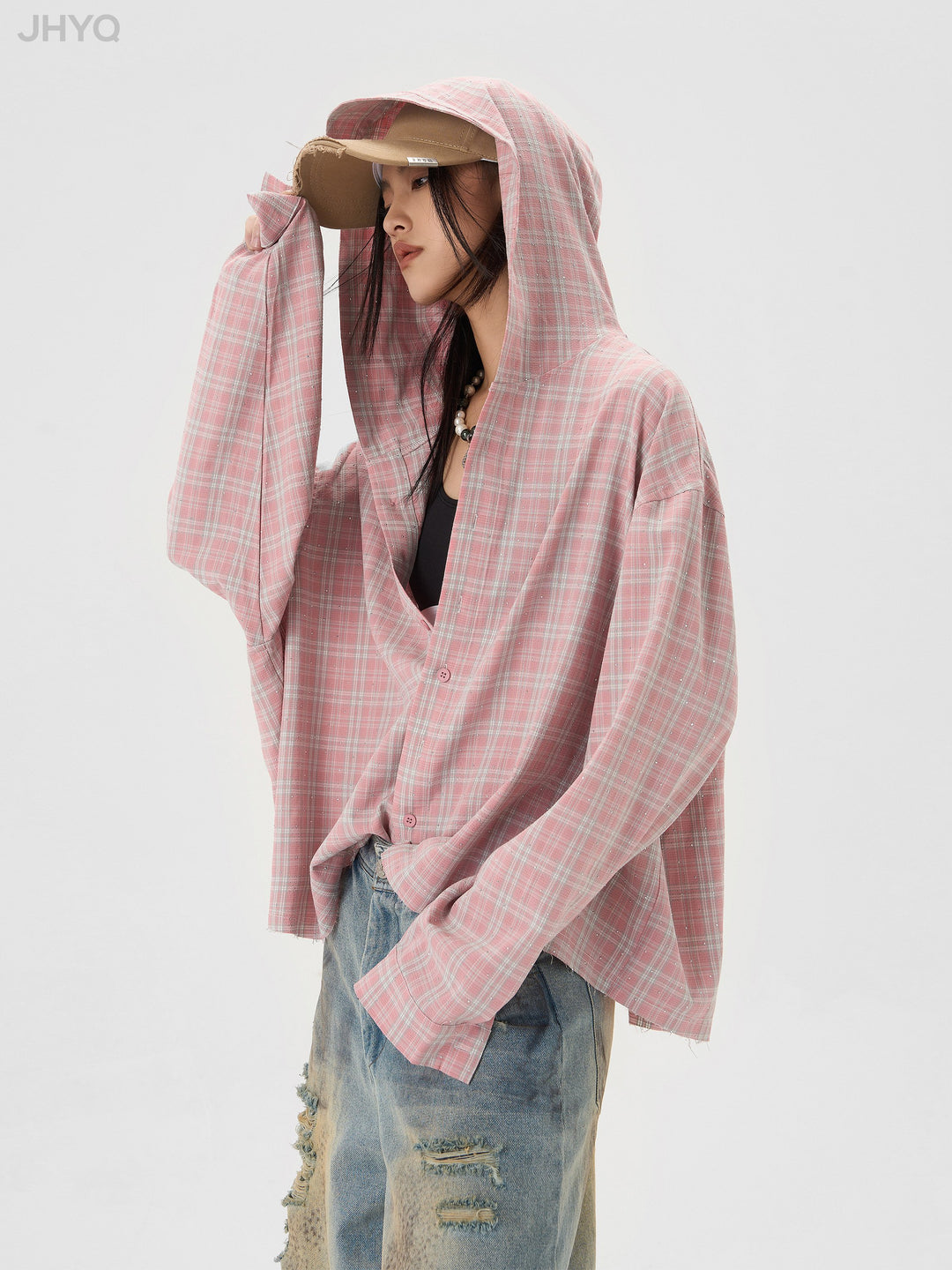 JHYQ Plaid Hot Diamond Hooded Long Sleeved Shirt