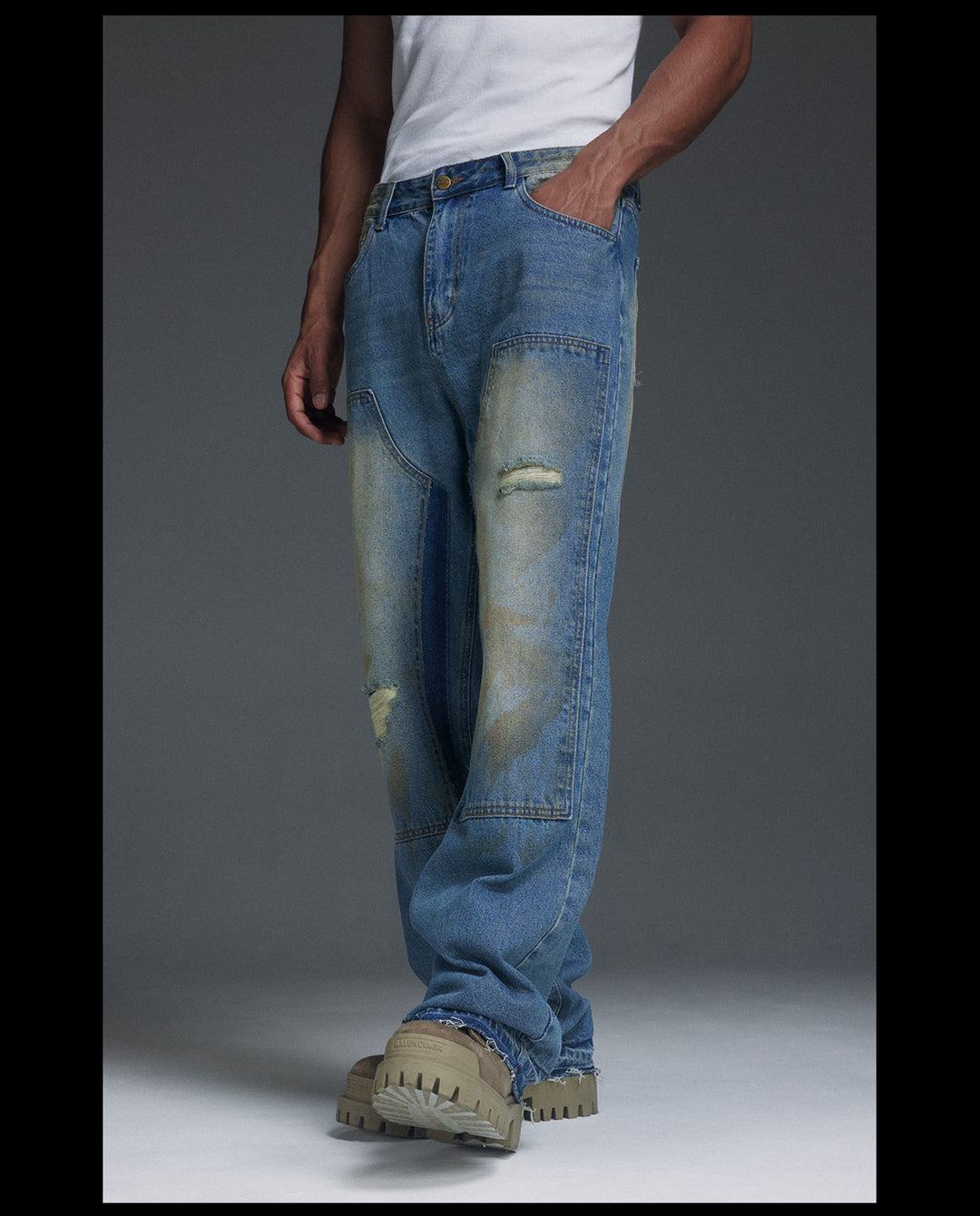 NOVACAM Washed Distressed Double Knee Jeans | Face 3 Face