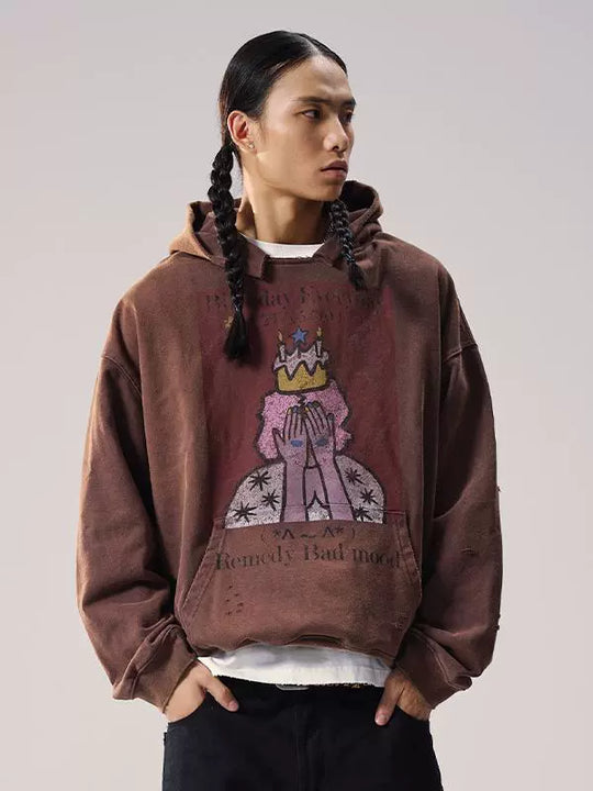 Remedy Washed Distressed Print Hoodie | Face 3 Face