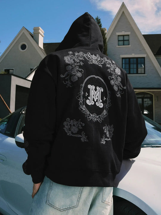 MEDM Patterned Flower Embroidered Zip Up Hoodie | Face 3 Face