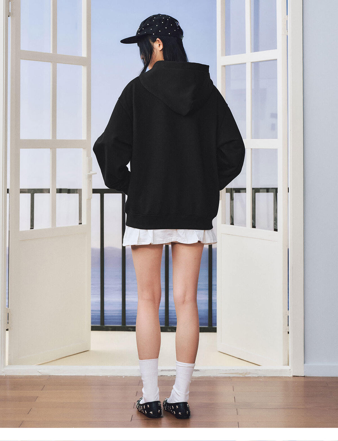 MEDM Dot Pattern Star Patch Studded Zip Up Hoodie | Face 3 Face
