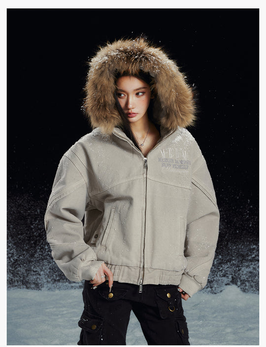 MEDM Removable Fur-Hooded Washed Work Jacket | Face 3 Face