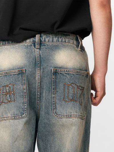 1807 Gothic Font Embroidery Distressed Vintage Jeans | Face 3 Face