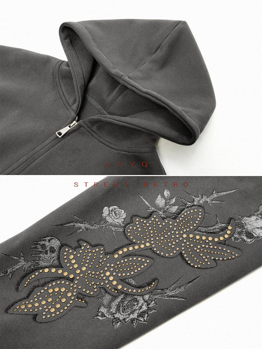 JHYQ Floral Print Studded Double Zipper Hoodie | Face 3 Face