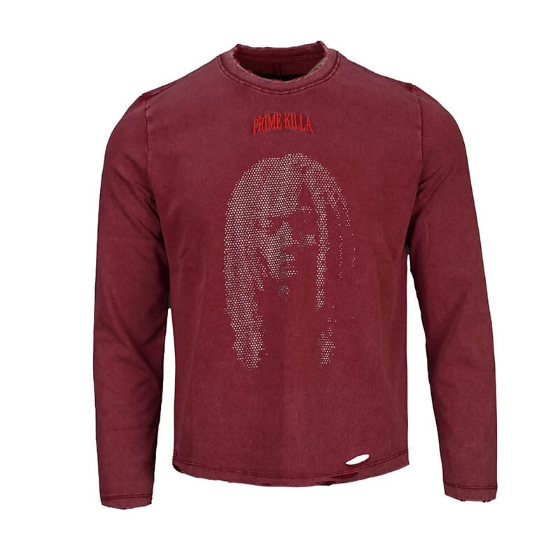 TGFCLUB Rhinestone Portrait Heavy Washed Distressed Long Sleeve Tee | Face 3 Face