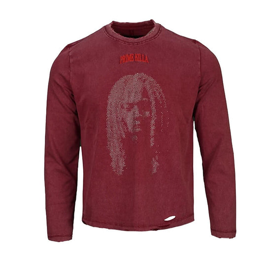 TGFCLUB Rhinestone Portrait Heavy Washed Distressed Long Sleeve Tee | Face 3 Face