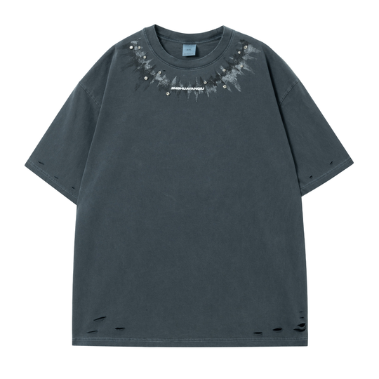 JHYQ Diamond Stud Logo Print Distressed Tee | Face 3 Face