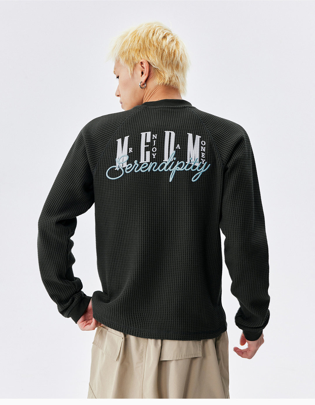MEDM Logo Embroidered Print Waffle Long Sleeve Tee | Face 3 Face