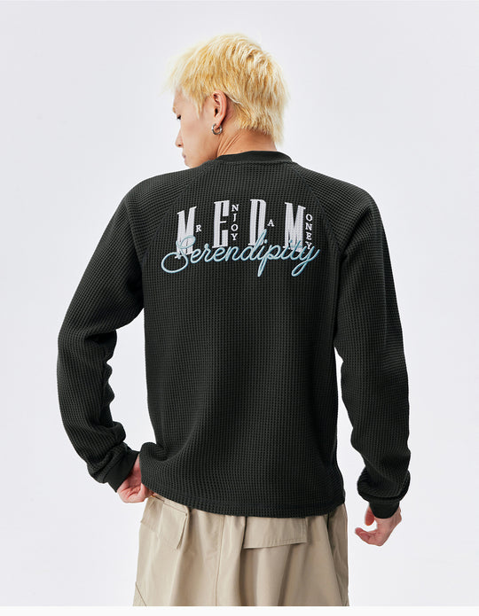 MEDM Logo Embroidered Print Waffle Long Sleeve Tee | Face 3 Face