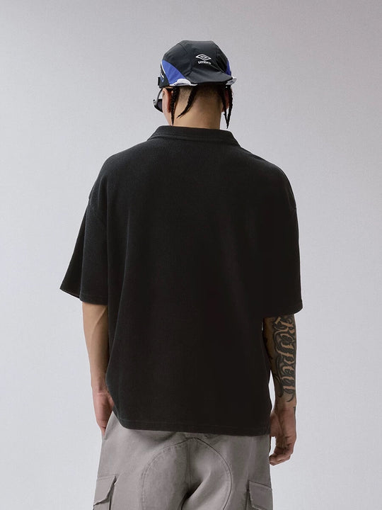 F2CE Washed Distressed Waffle Vintage Print Short Sleeve Polo Shirt | Face 3 Face