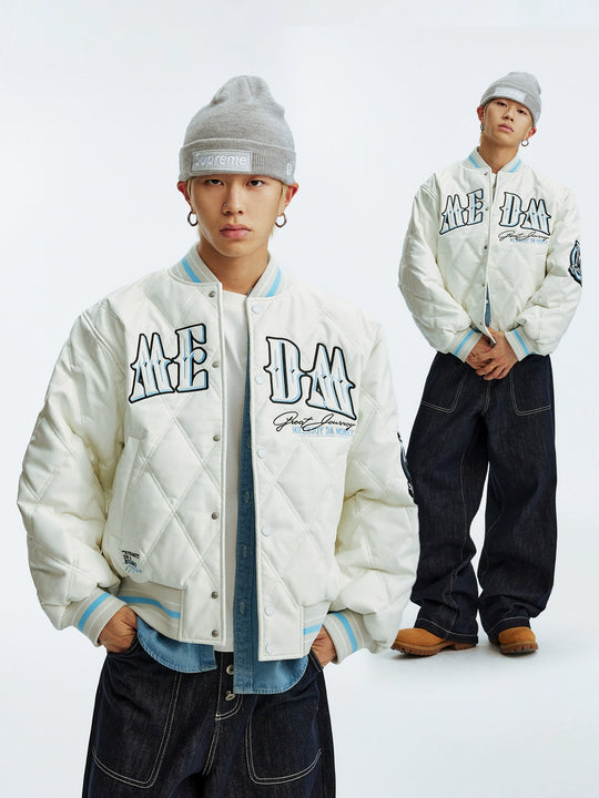 MEDM Diamond Quilted PU Leather Varsity Jacket | Face 3 Face