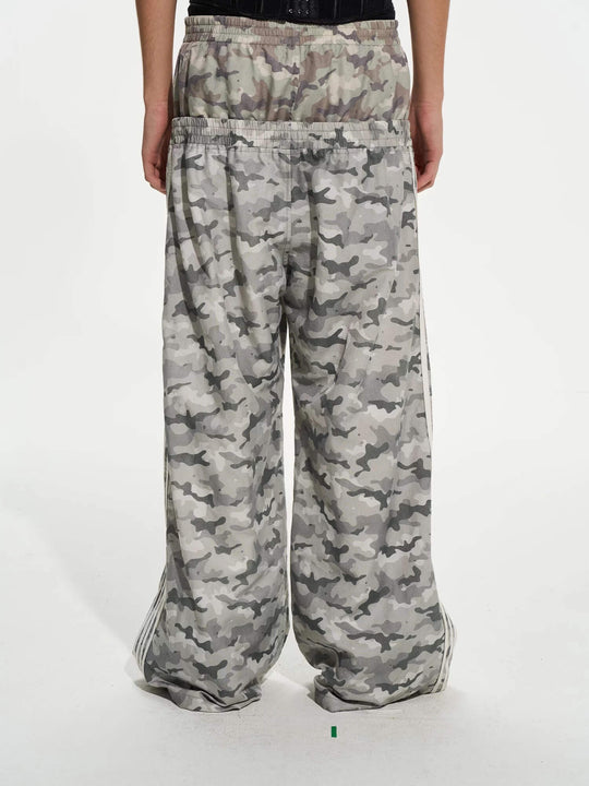 EXITMODE BY BLIND NO PLAN Double Waist Camouflage Four Stripe Baggy Track Pants | Face 3 Face