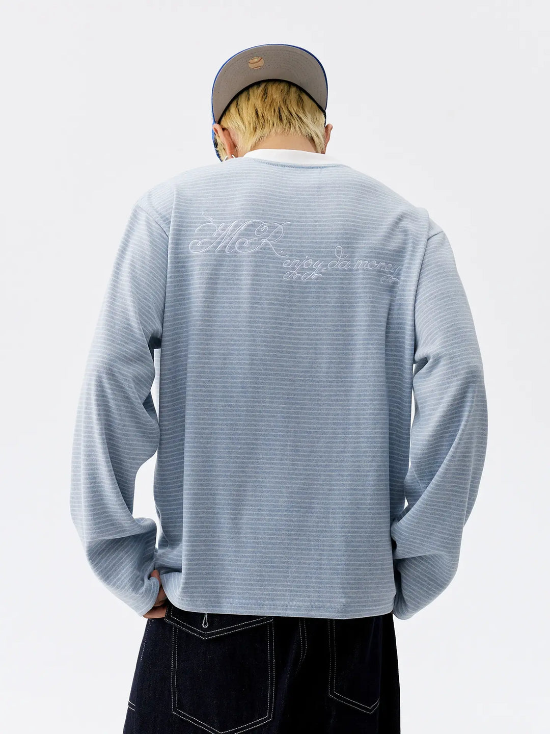 MEDM Rose Embroidered Striped Henley Long Sleeve Tee | Face 3 Face