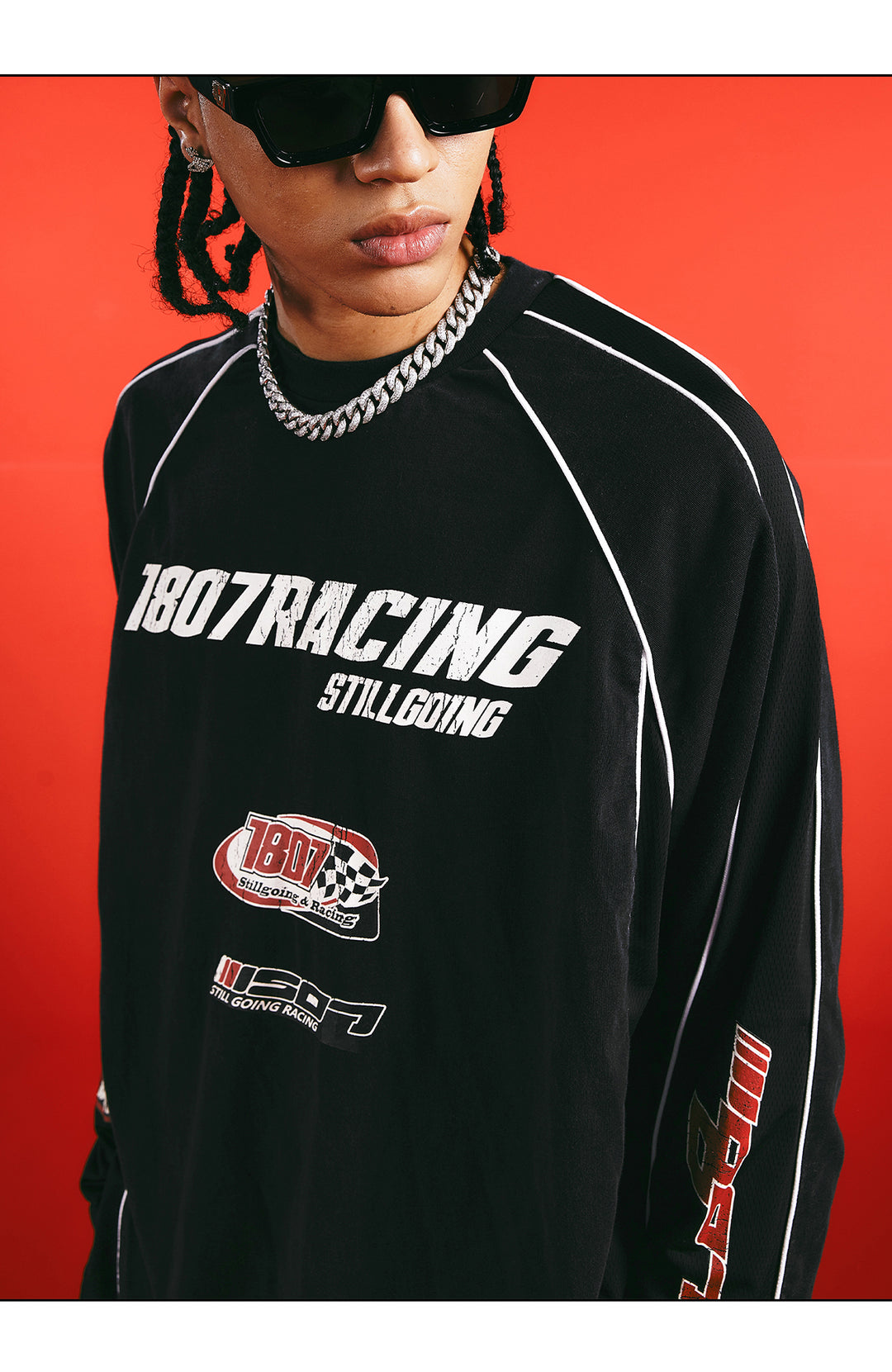 1807 Racing Print Mesh Layer Long Sleeve Tee | Face 3 Face