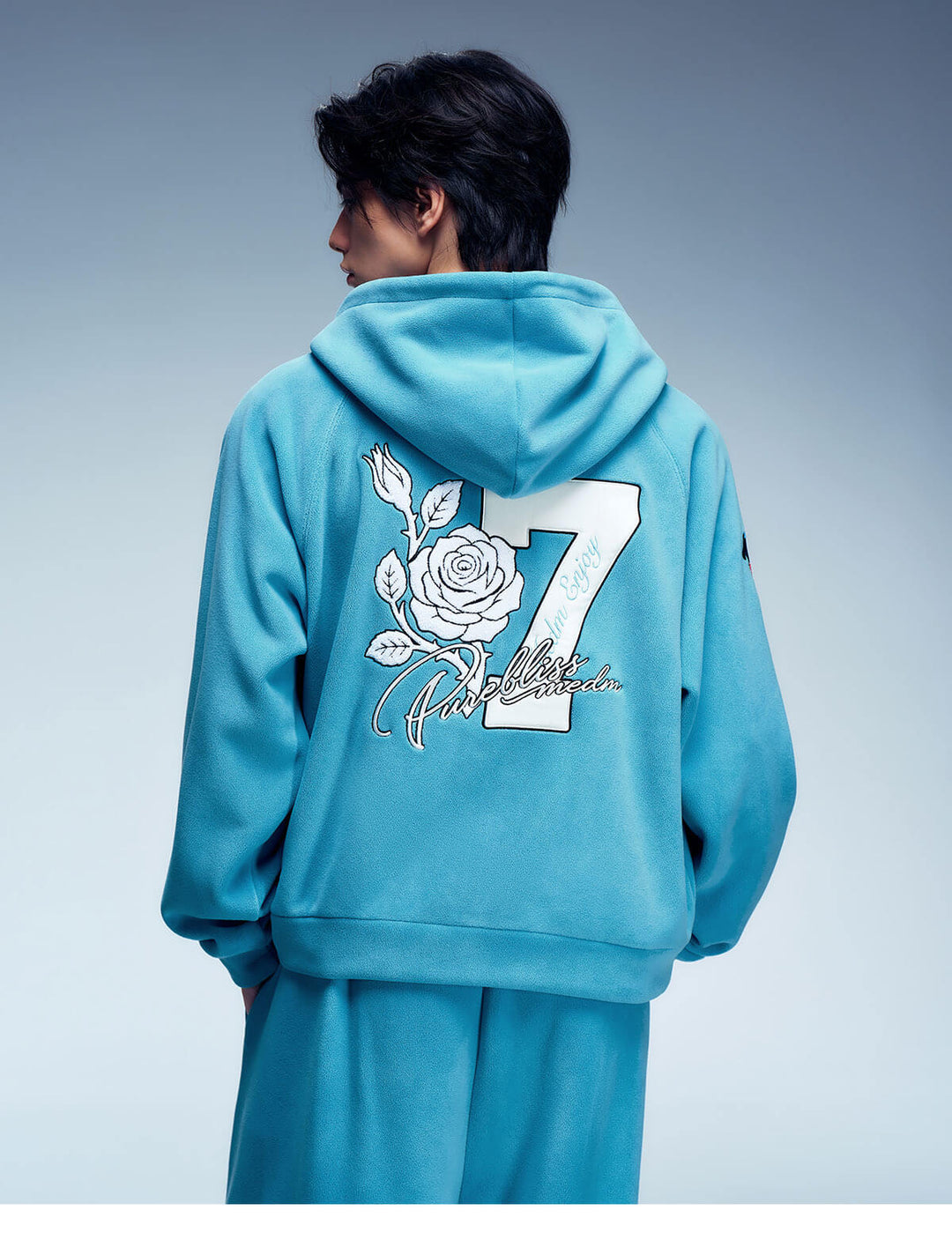 MEDM Rose Embroidered Patch Zip Up Fleece Hoodie | Face 3 Face