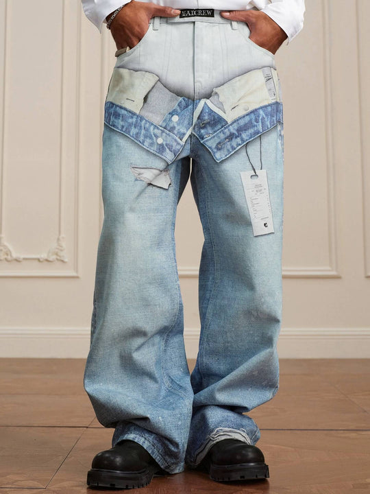 YADcrew 3D Digital Print Double Waist Washed Jeans | Face 3 Face