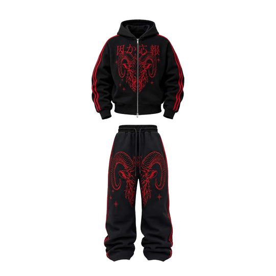 KARMANISTIC Sheep Head Embroidered Stripe Sleeve Zip Up Hoodie | Face 3 Face