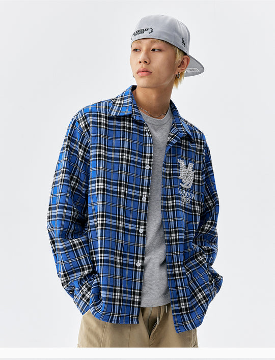 MEDM Blue Pearl Embroidery Plaid Long Sleeve Shirt | Face 3 Face