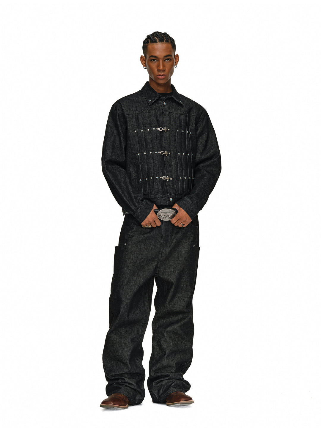 ANTIDOTE Turquoise Studded Pleated Buckle Denim Jacket | Face 3 Face