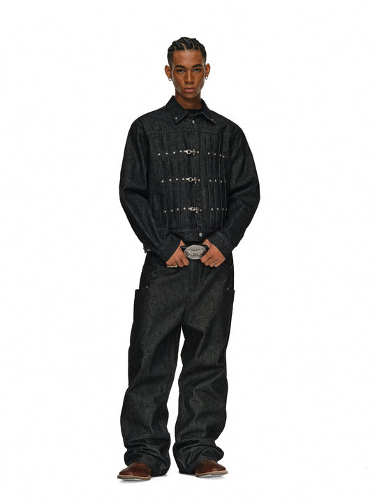 ANTIDOTE Turquoise Studded Pleated Buckle Denim Jacket | Face 3 Face