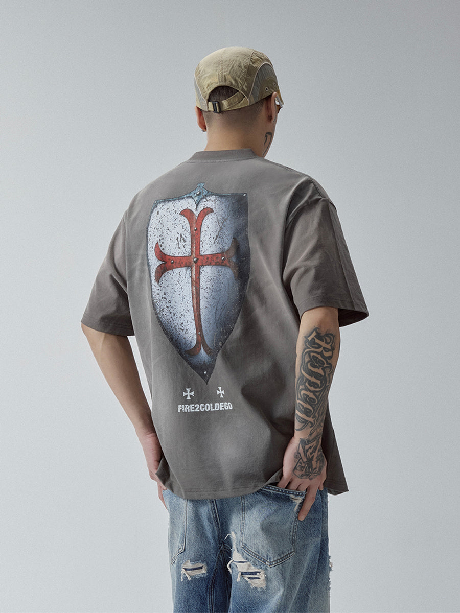 F2CE Washed Gradient Cracked Old Shield Print Tee | Face 3 Face