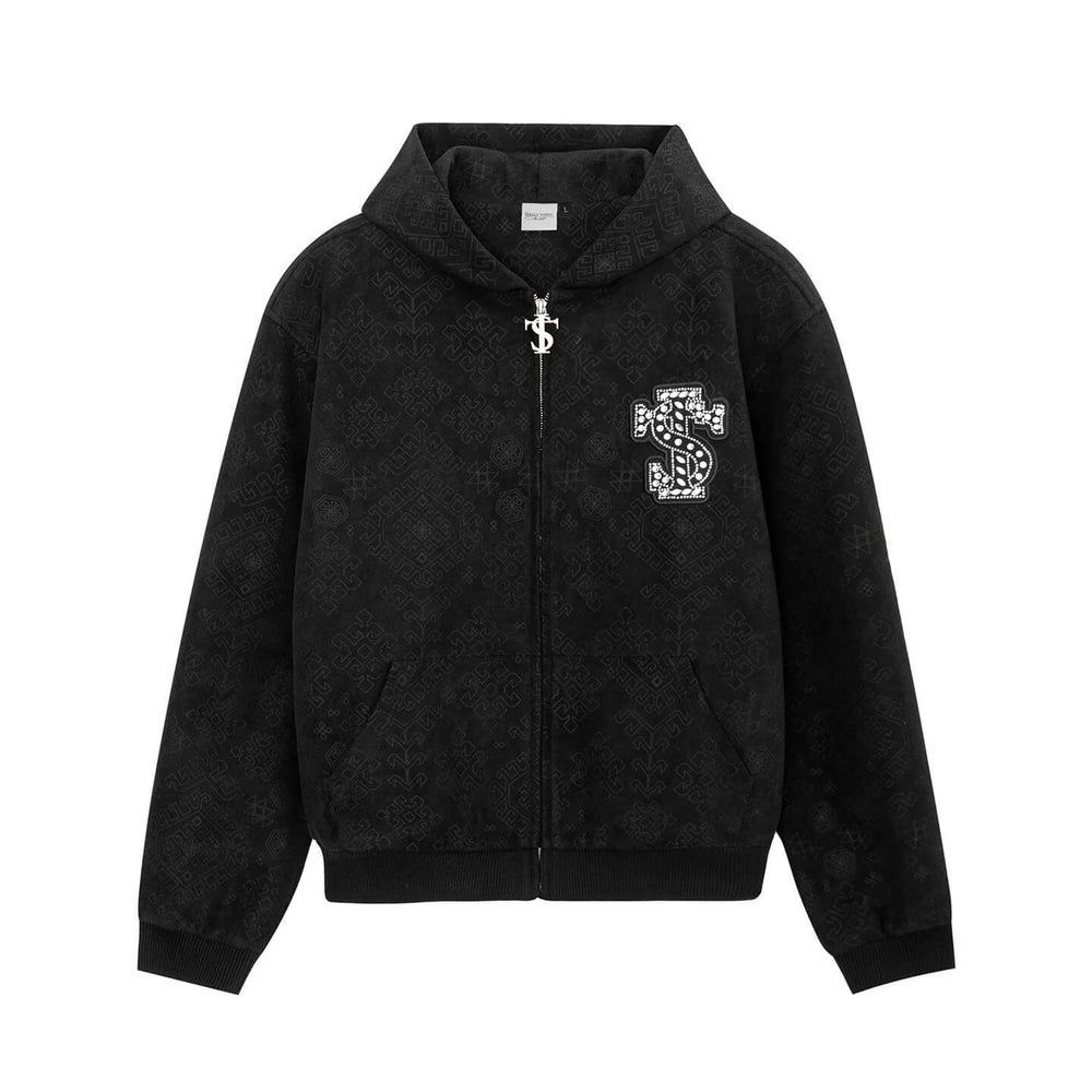 Small Town Kid Faux Suede Rhinestone Logo Patch Zip Up Hooded Jacket