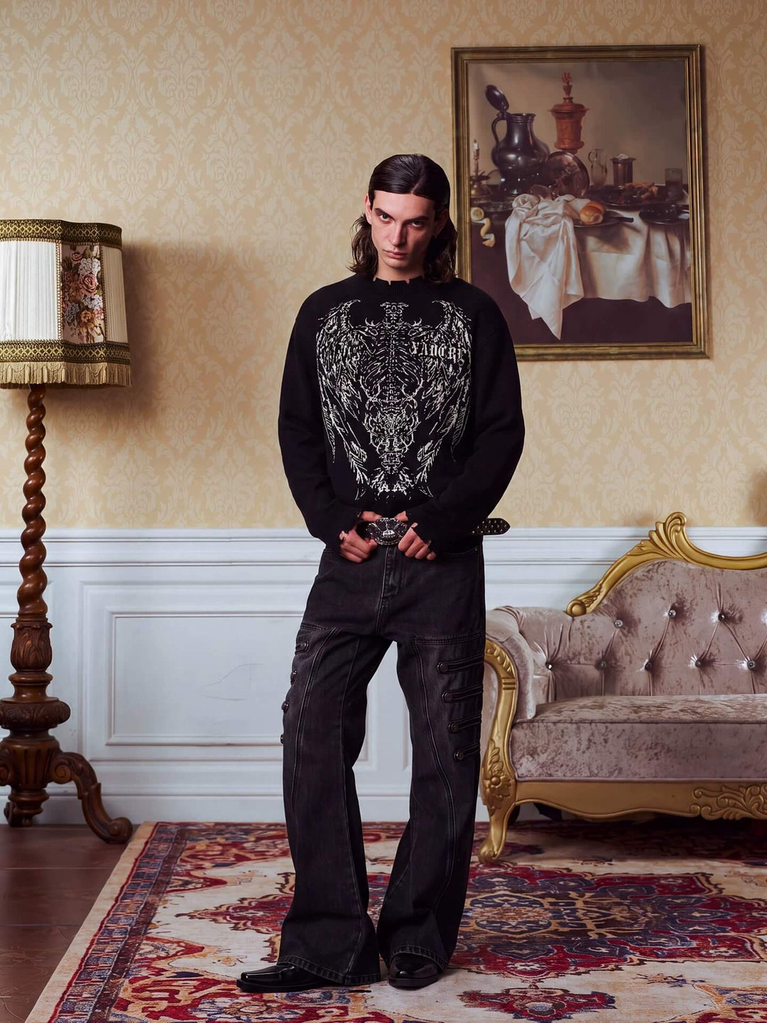 YADcrew Winged Skeleton Print Distressed Knit Sweater | Face 3 Face
