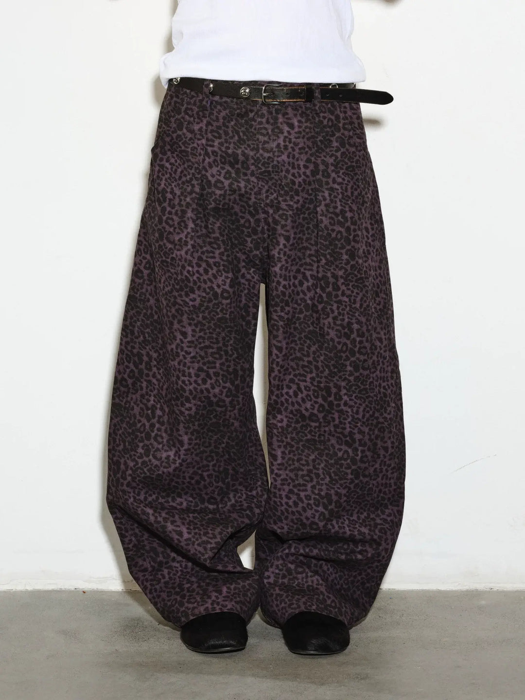NOVACAM Purple Leopard Print Curved Baggy Pants | Face 3 Face