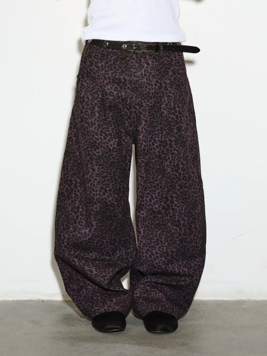 NOVACAM Purple Leopard Print Curved Baggy Pants | Face 3 Face