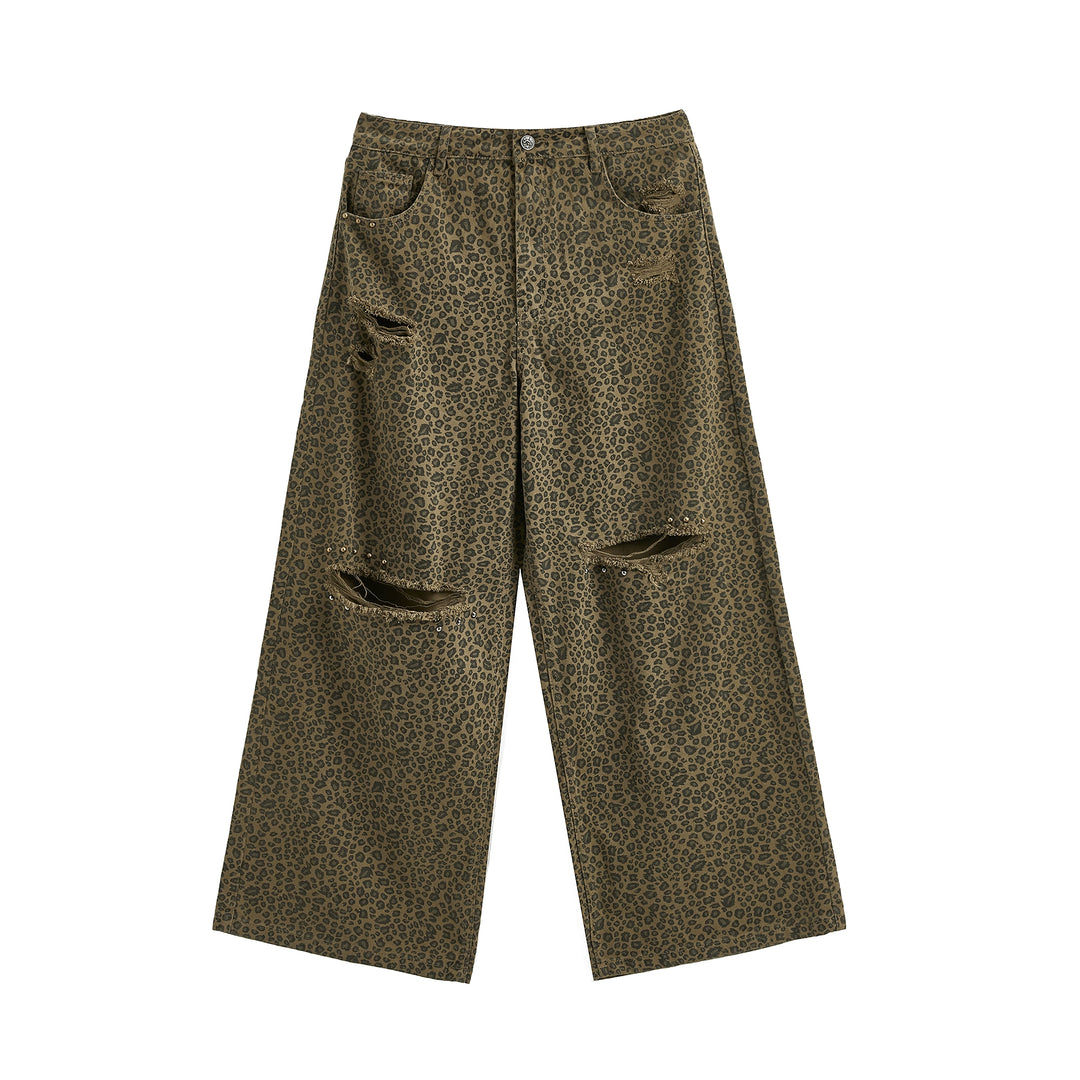 JHYQ Broken Holes Diamond Leopard Print Baggy Pants | Face 3 Face
