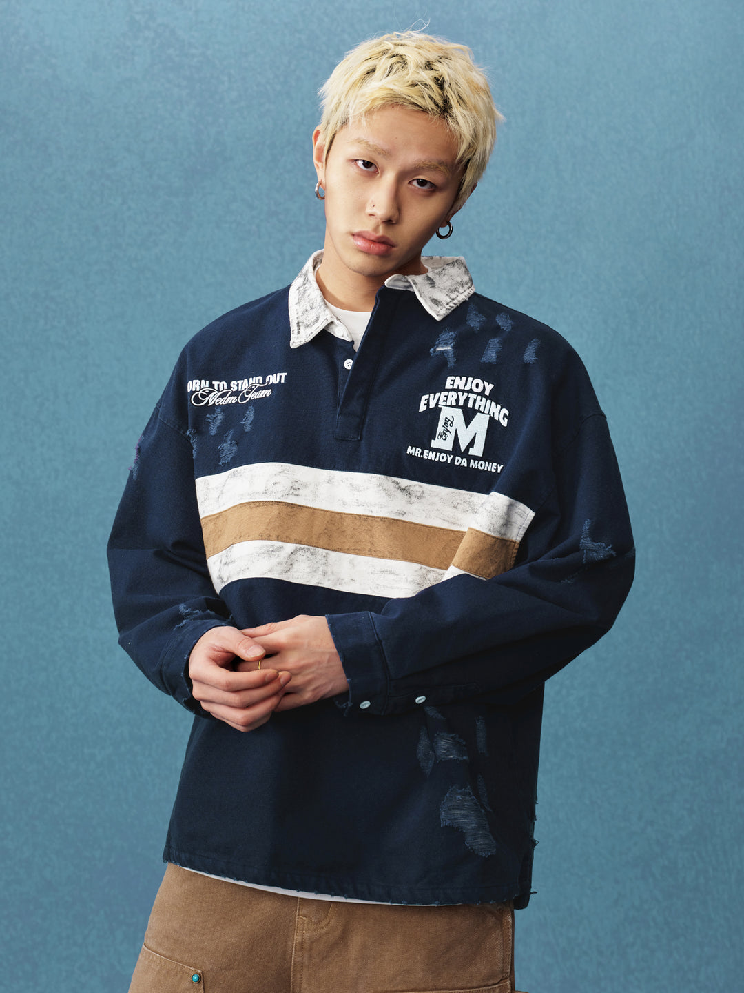 MEDM Asymmetric Collar Stripes Long Sleeve Polo | Face 3 Face