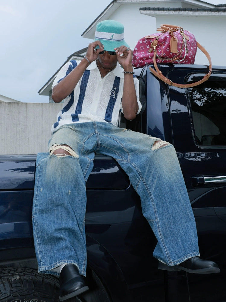 STEEPC Distressed Cat Whisker Washed Baggy Jeans | Face 3 Face