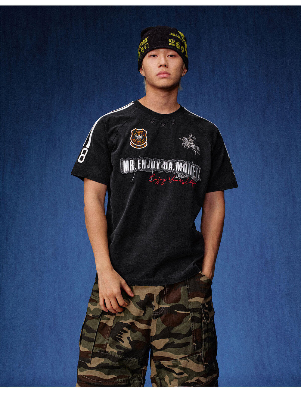 MEDM Distressed Denim Logo Patch Washed Short Sleeve Tee | Face 3 Face