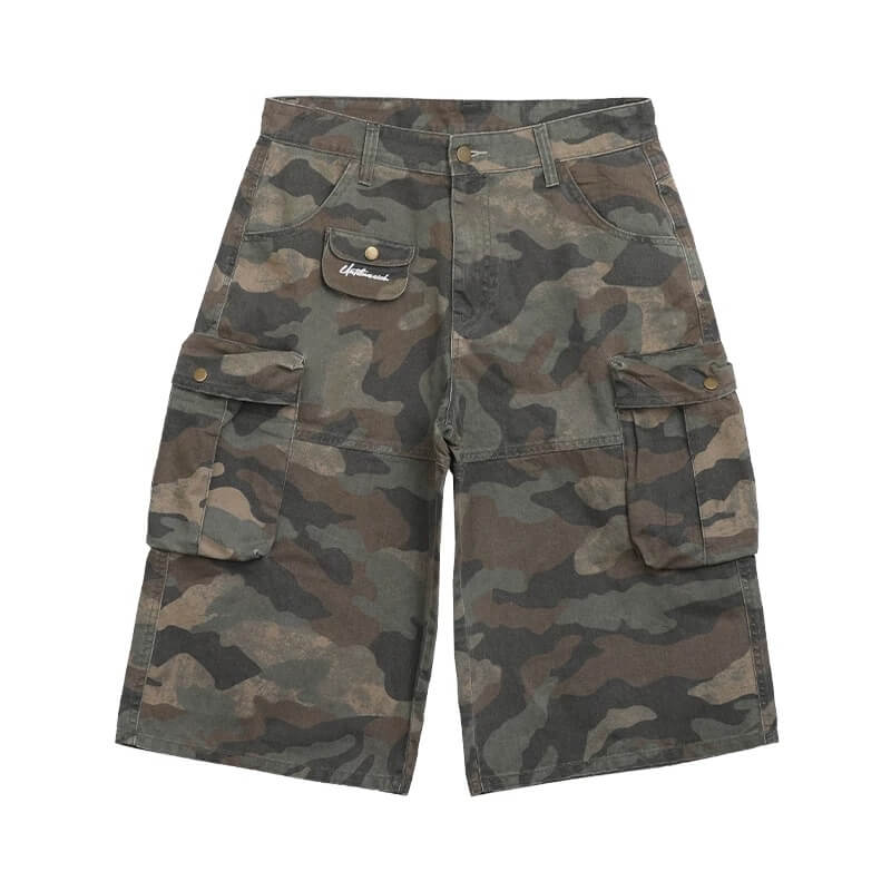 UNTILWERICH Washed Camo Multi Pocket Wide Cargo Below Knee Shorts | Face 3 Face
