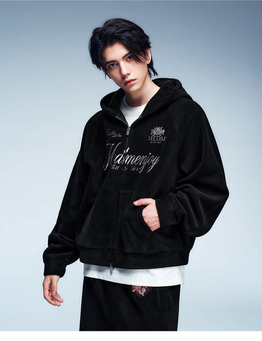 MEDM Rose Embroidered Patch Zip Up Fleece Hoodie | Face 3 Face