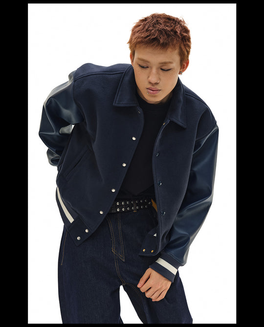 NOVACAM Navy Blue Short Basic Varsity Jacket | Face 3 Face