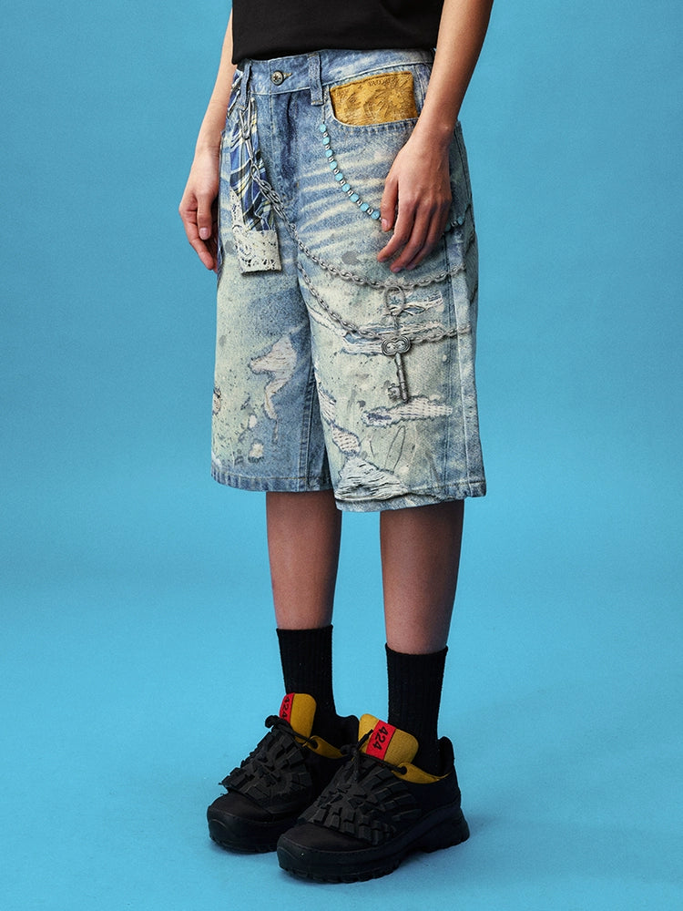 YADcrew Plaid Shirt Chain Photorealistic Print Denim Shorts | Face 3 Face