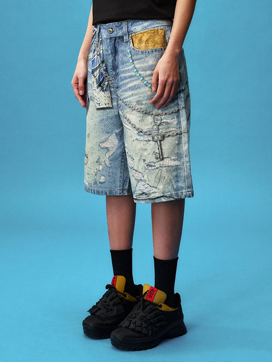 YADcrew Plaid Shirt Chain Photorealistic Print Denim Shorts | Face 3 Face