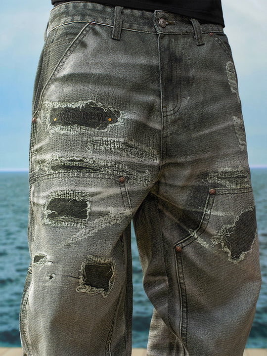 YADcrew Needle Stitch Hole Double Knee Print Jeans | Face 3 Face